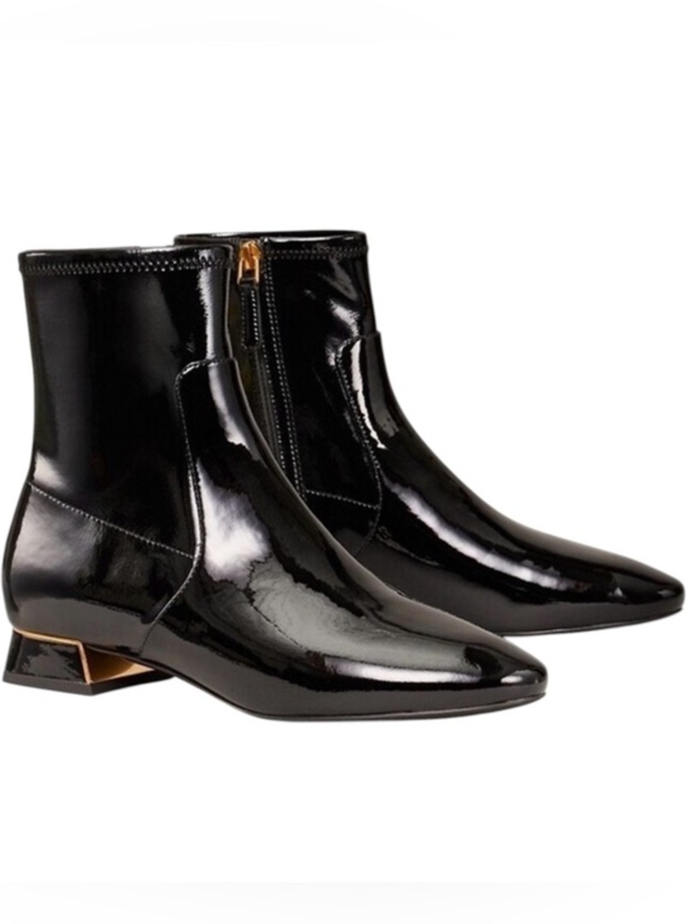 Tory Burch Womens Gigi Patent Stretch Ankle Boot Black and Gold Size 8.5